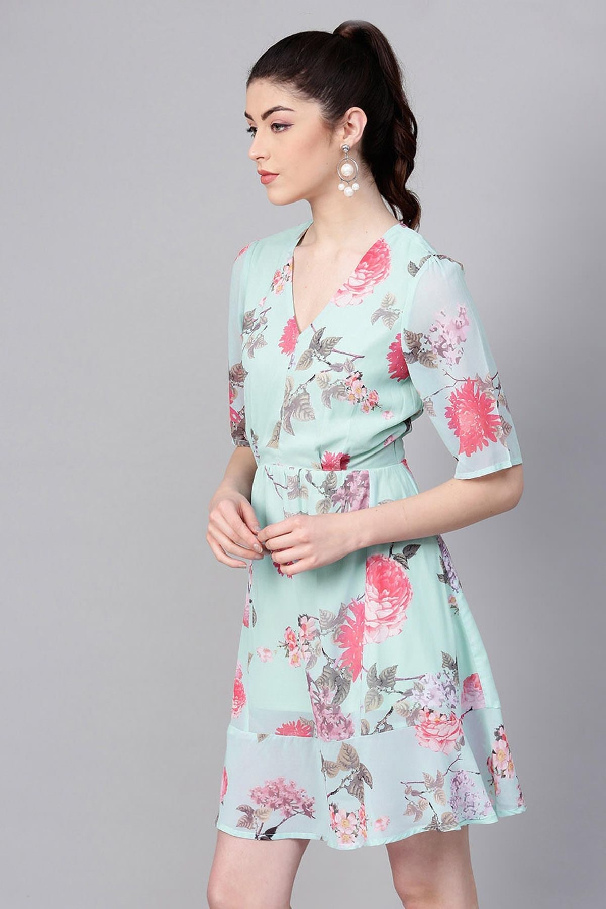 Women's Aqua Floral Frill Hem Skater Dress - SASSAFRAS