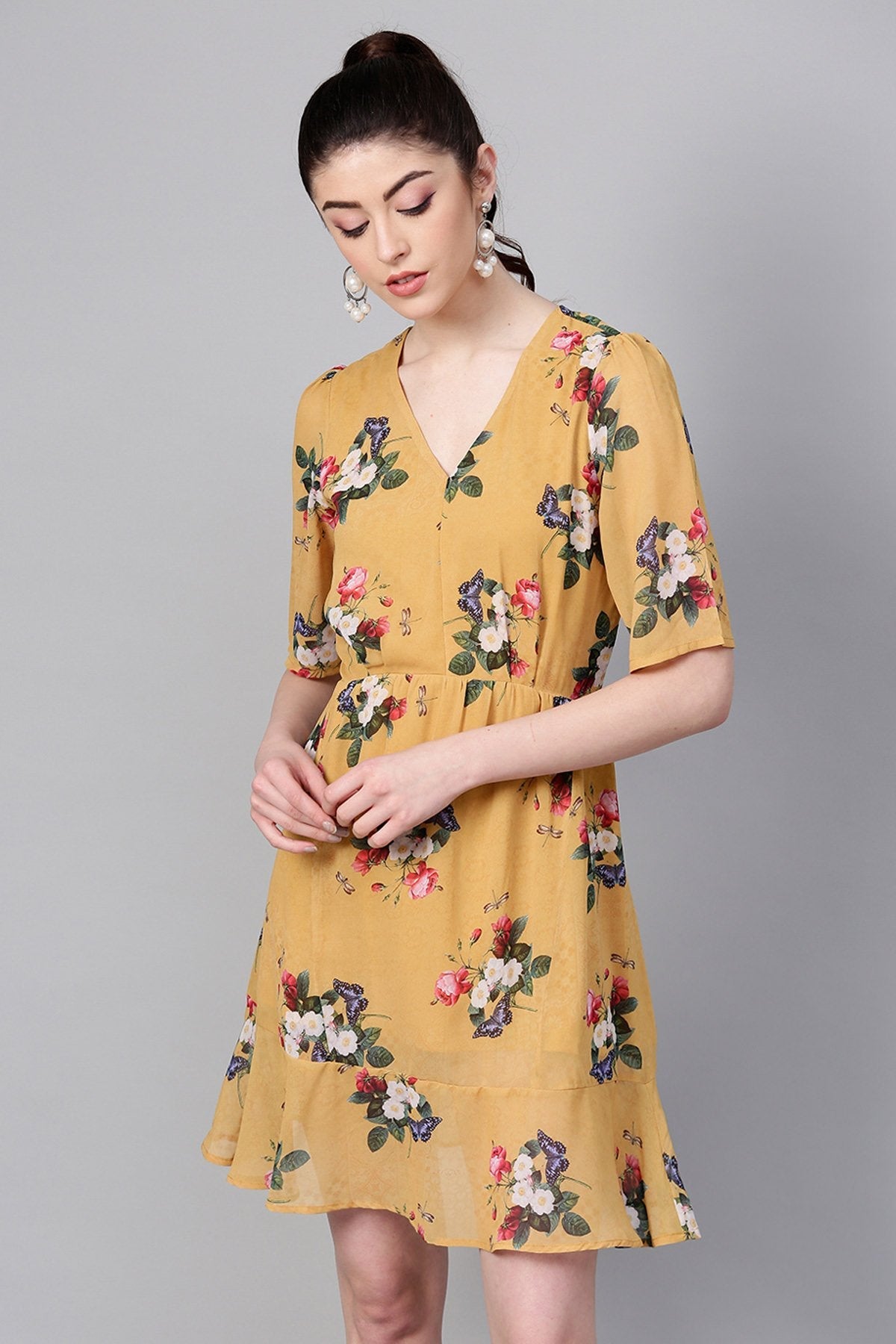 Women's Mustard Floral Frill Hem Skater Dress - SASSAFRAS