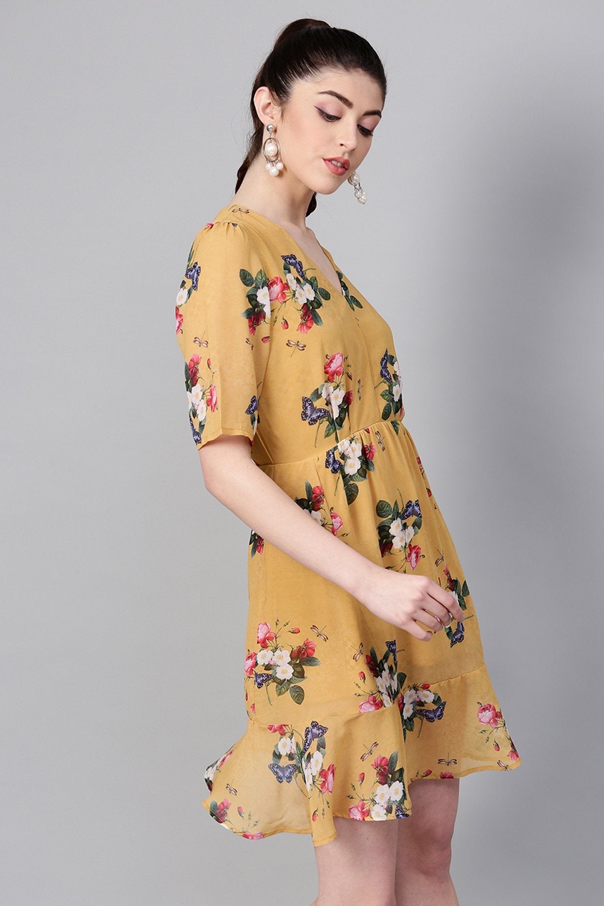 Women's Mustard Floral Frill Hem Skater Dress - SASSAFRAS