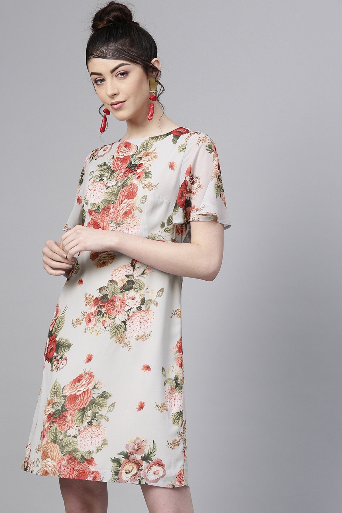 Women's Grey Floral Flared Sleeve A-Line Dress - SASSAFRAS