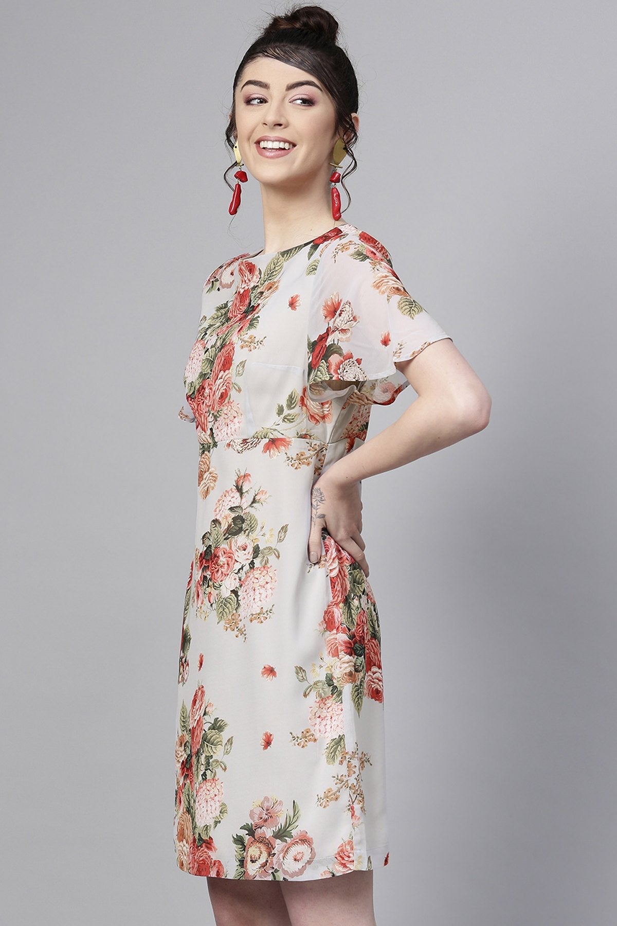 Women's Grey Floral Flared Sleeve A-Line Dress - SASSAFRAS