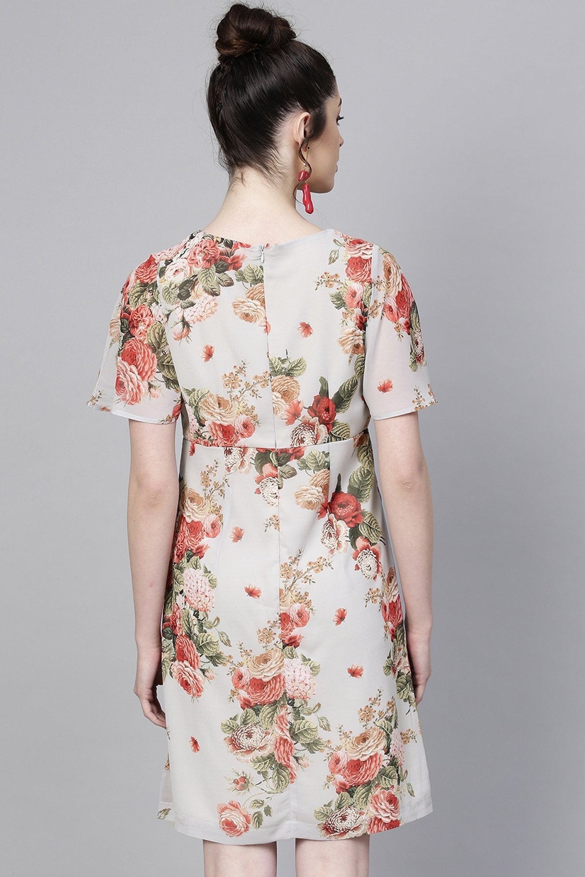 Women's Grey Floral Flared Sleeve A-Line Dress - SASSAFRAS