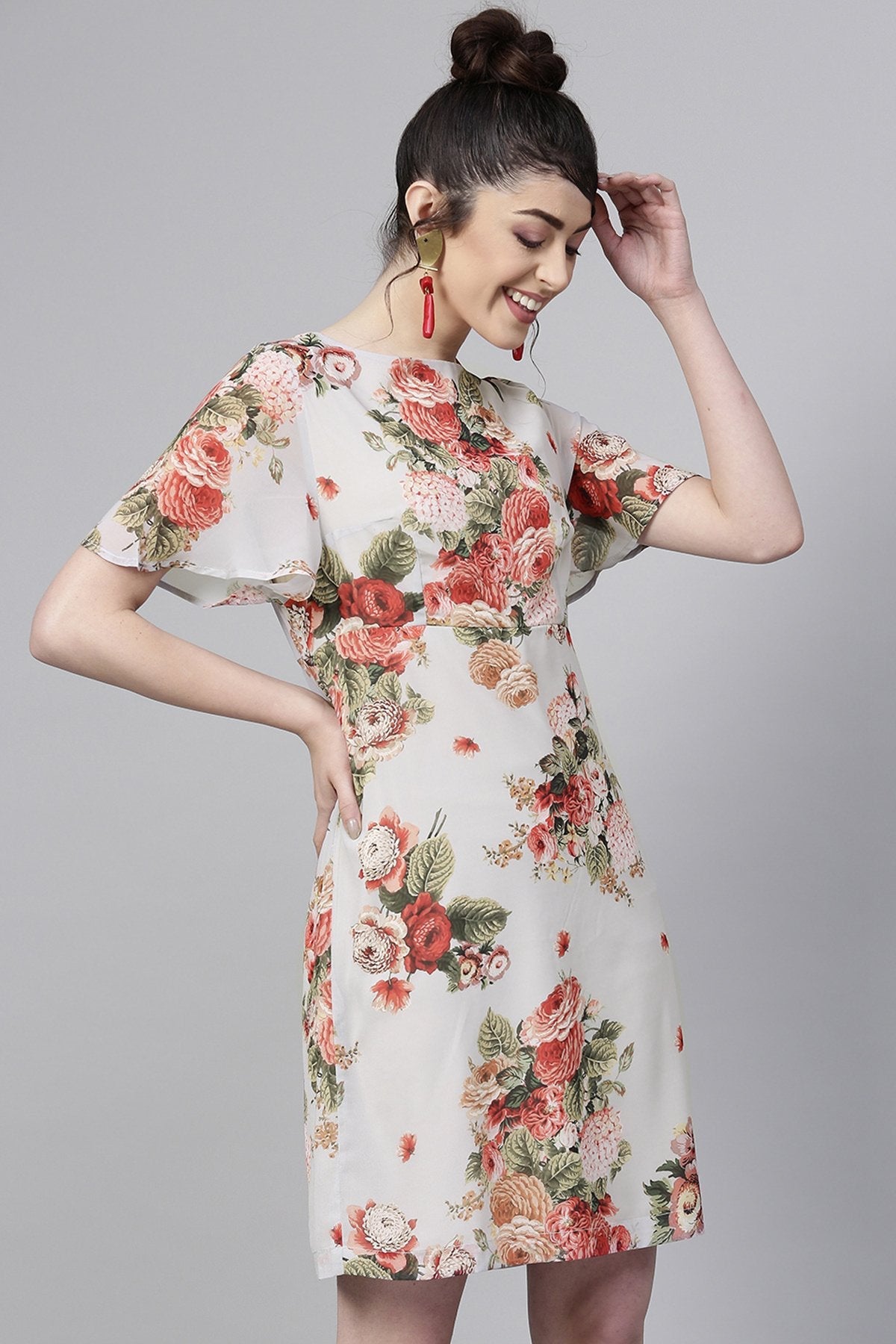 Women's Grey Floral Flared Sleeve A-Line Dress - SASSAFRAS