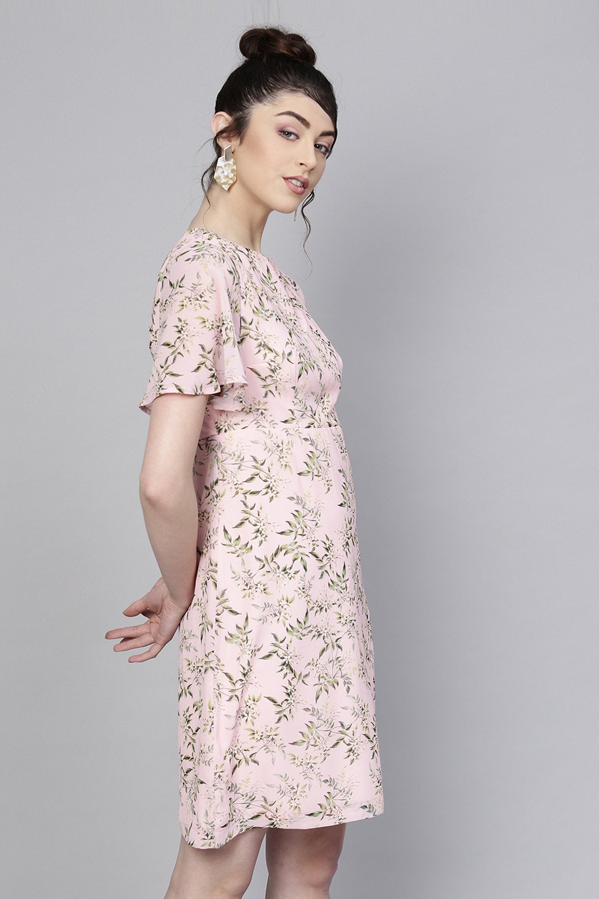 Women's Pink Floral Flared Sleeve A-Line Dress - SASSAFRAS