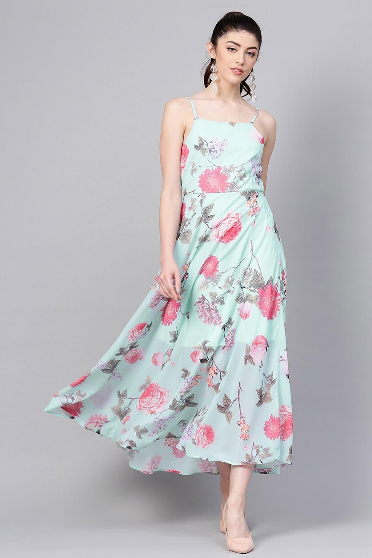 Women's Aqua Floral Strappy Flared Maxi - SASSAFRAS