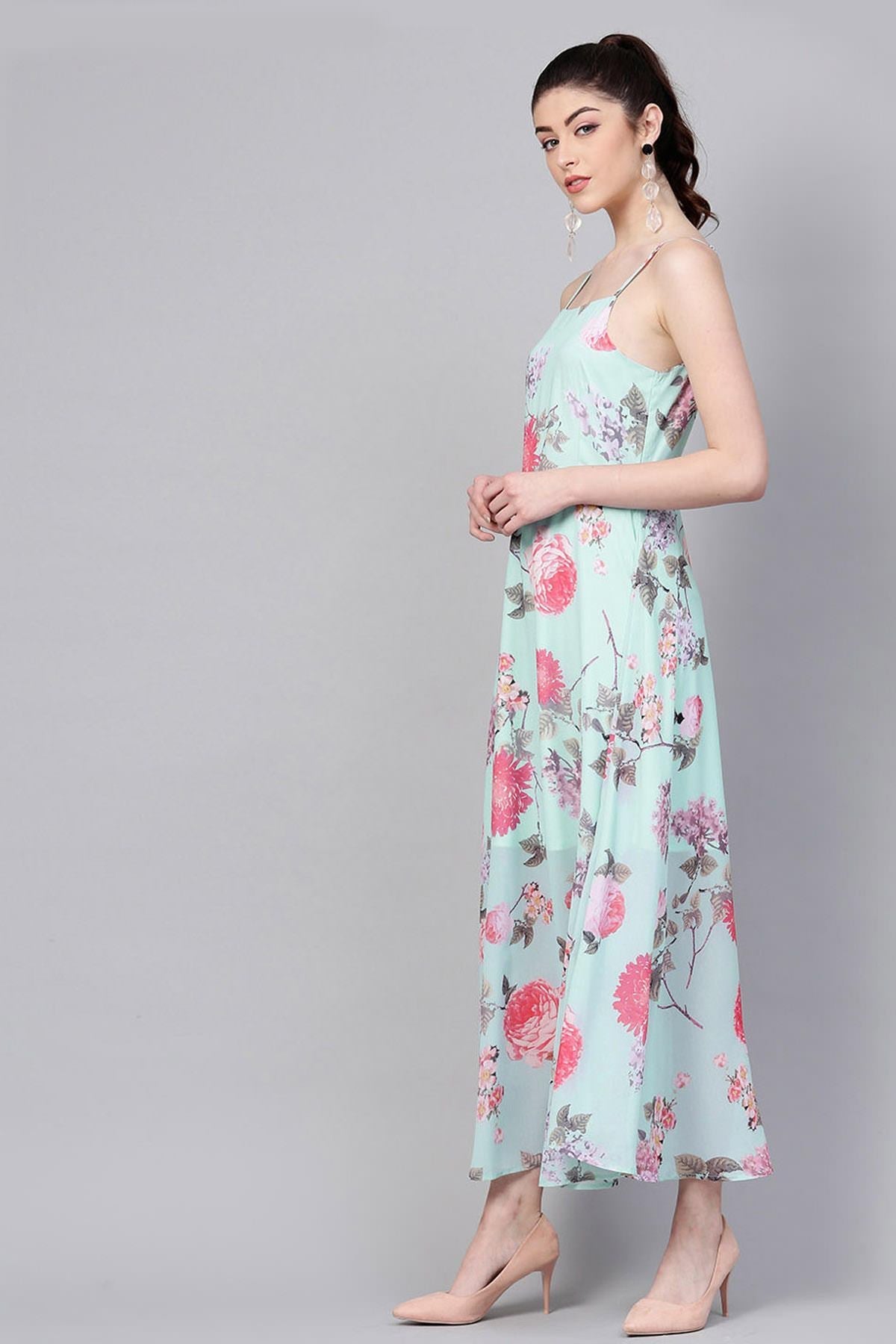 Women's Aqua Floral Strappy Flared Maxi - SASSAFRAS