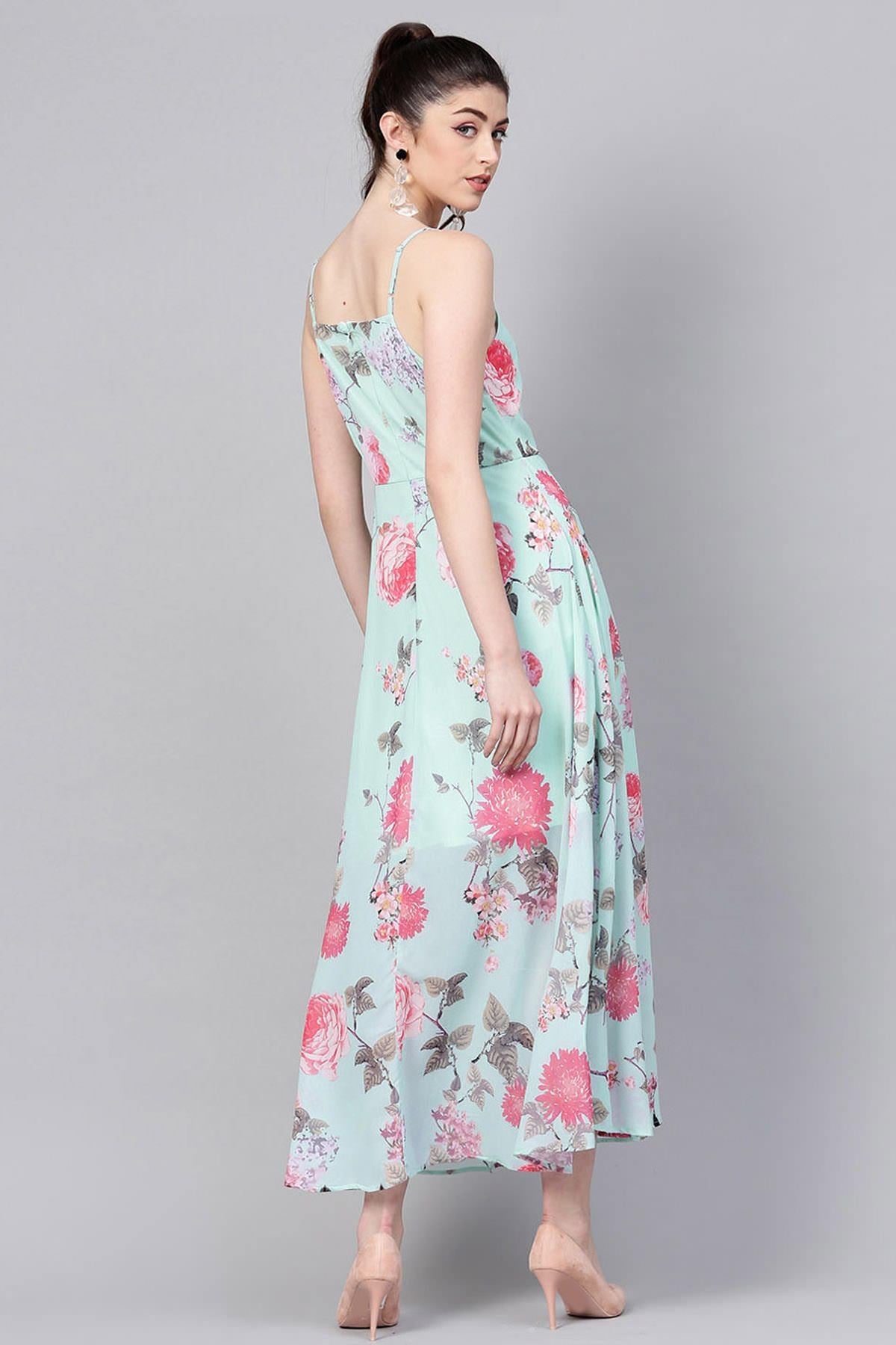 Women's Aqua Floral Strappy Flared Maxi - SASSAFRAS