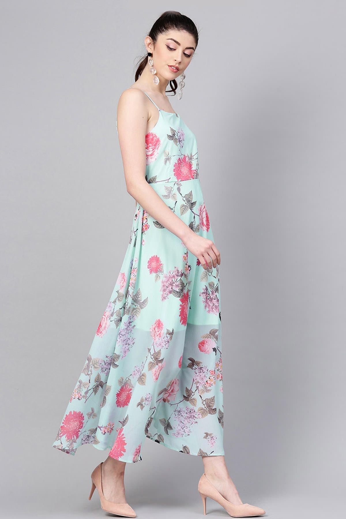 Women's Aqua Floral Strappy Flared Maxi - SASSAFRAS