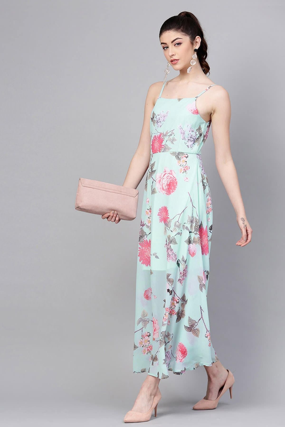 Women's Aqua Floral Strappy Flared Maxi - SASSAFRAS