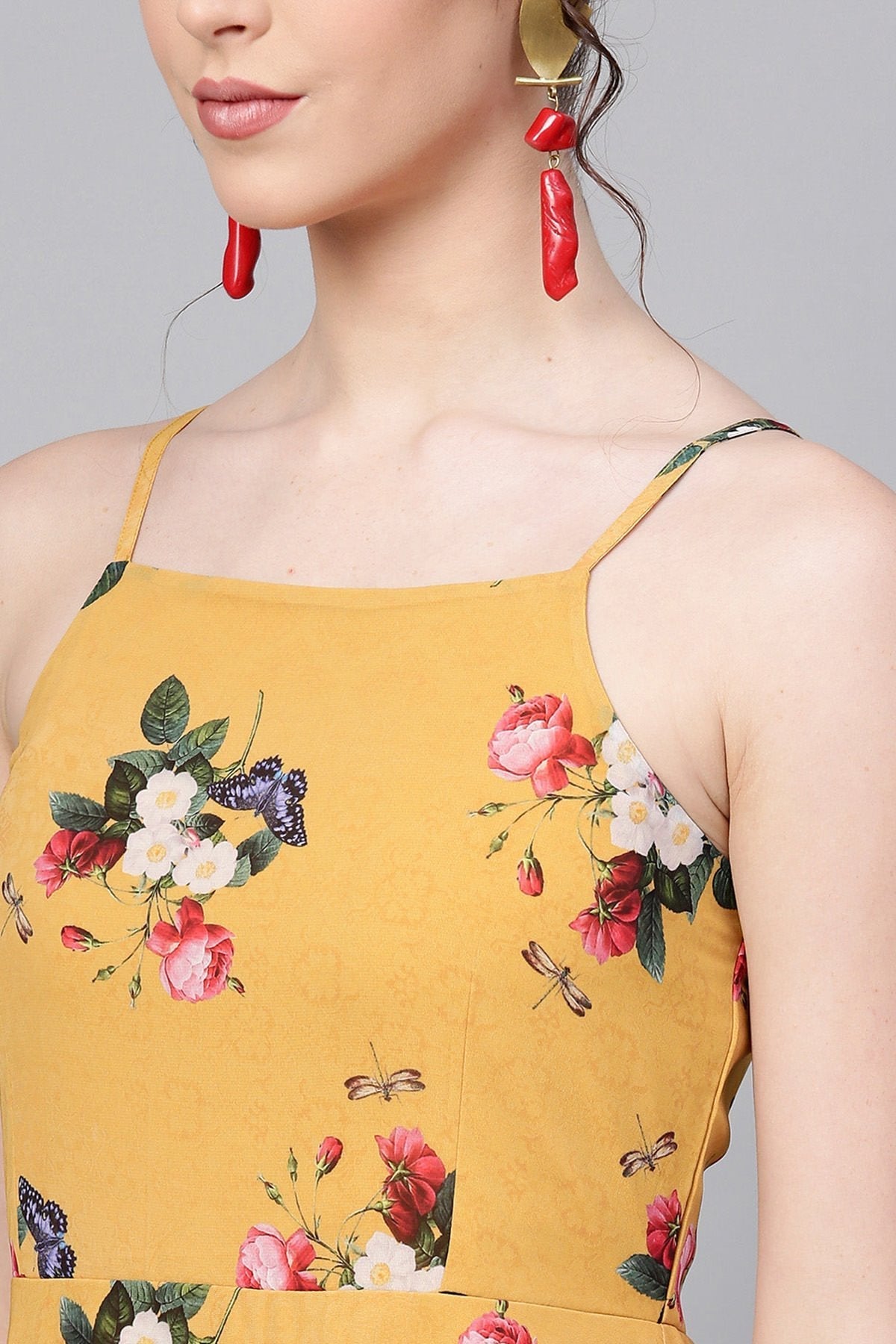 Women's Mustard Floral Strappy Flared Maxi - SASSAFRAS