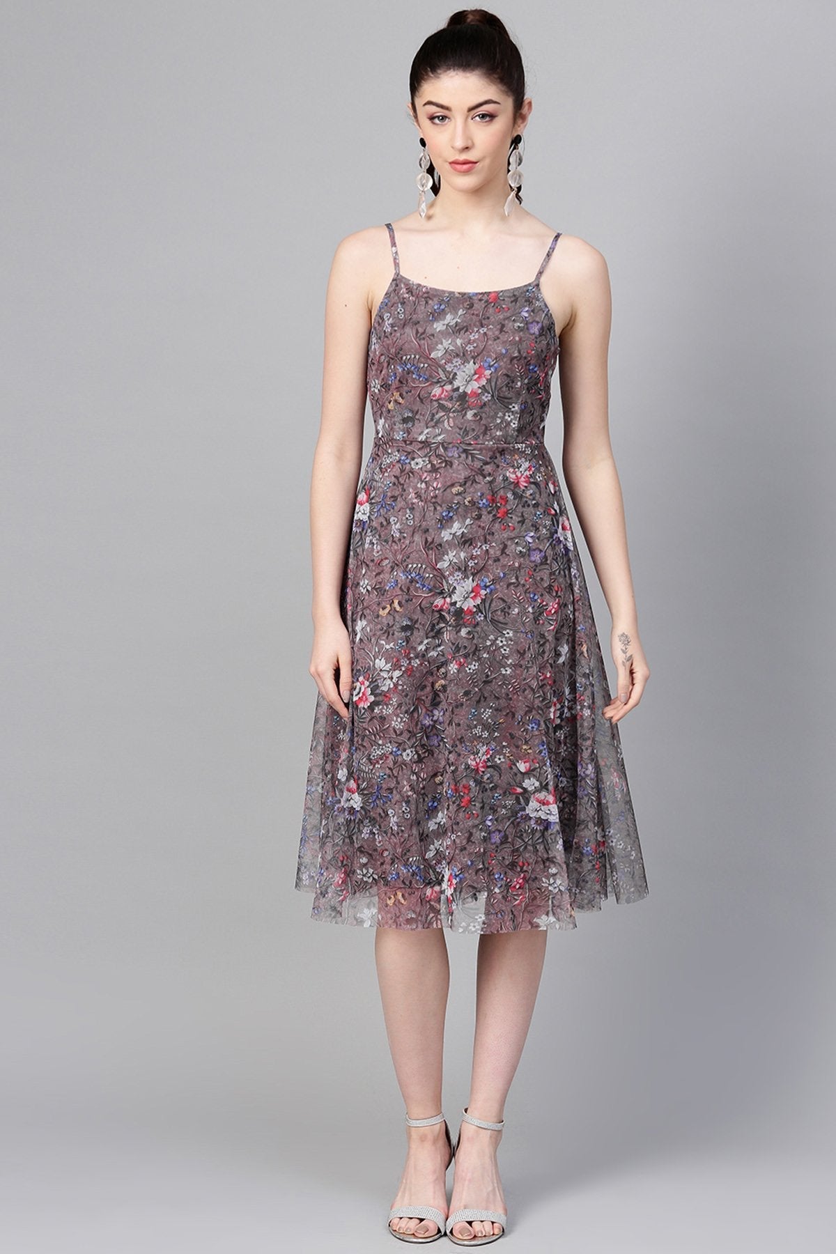 Women's Brown Mesh Floral Strappy Midi - SASSAFRAS