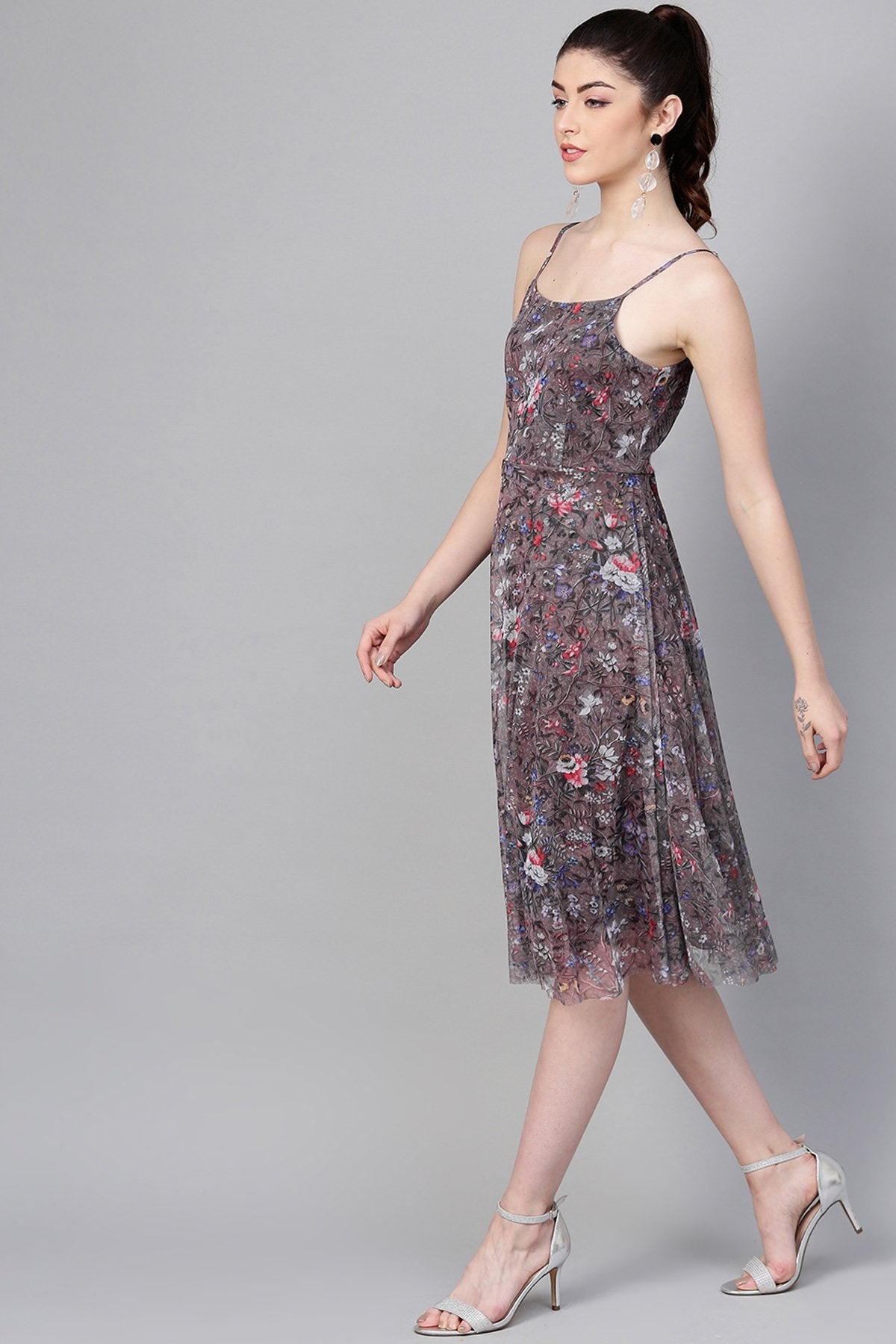 Women's Brown Mesh Floral Strappy Midi - SASSAFRAS