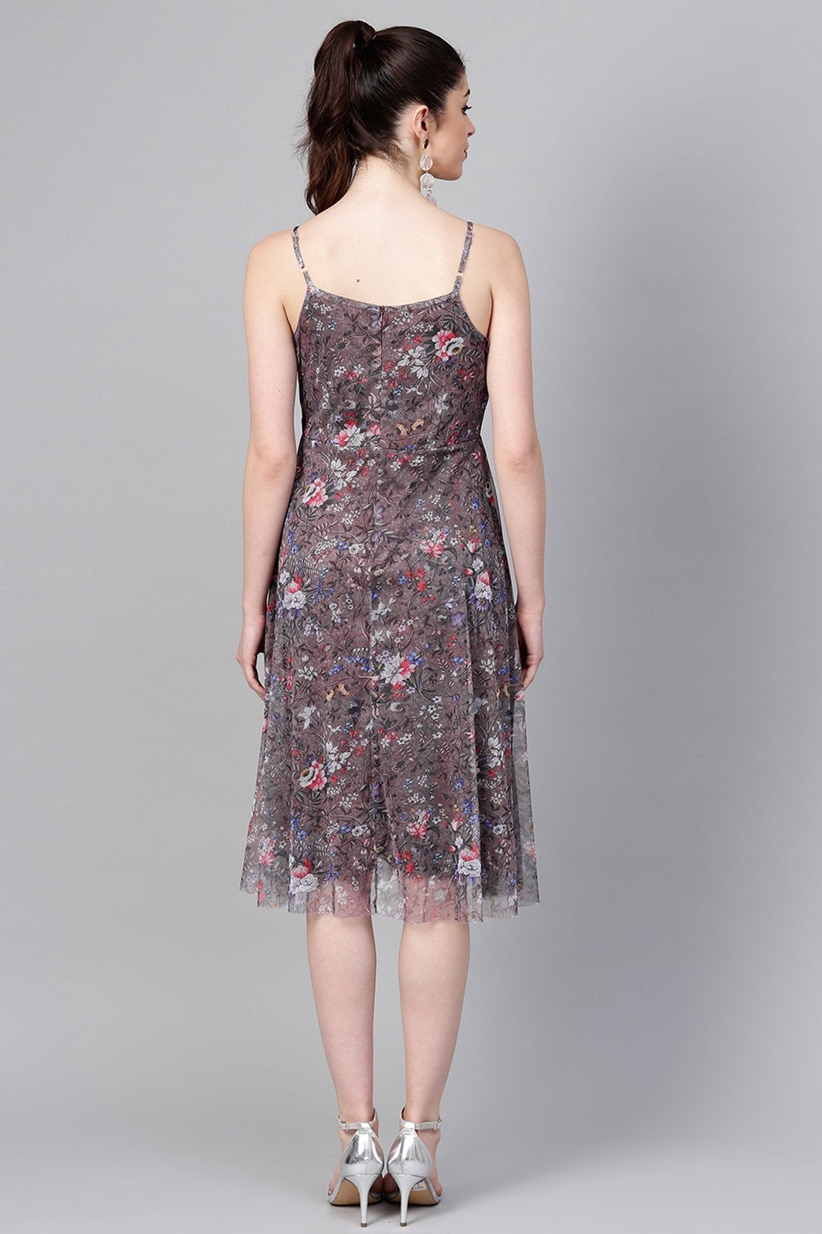 Women's Brown Mesh Floral Strappy Midi - SASSAFRAS