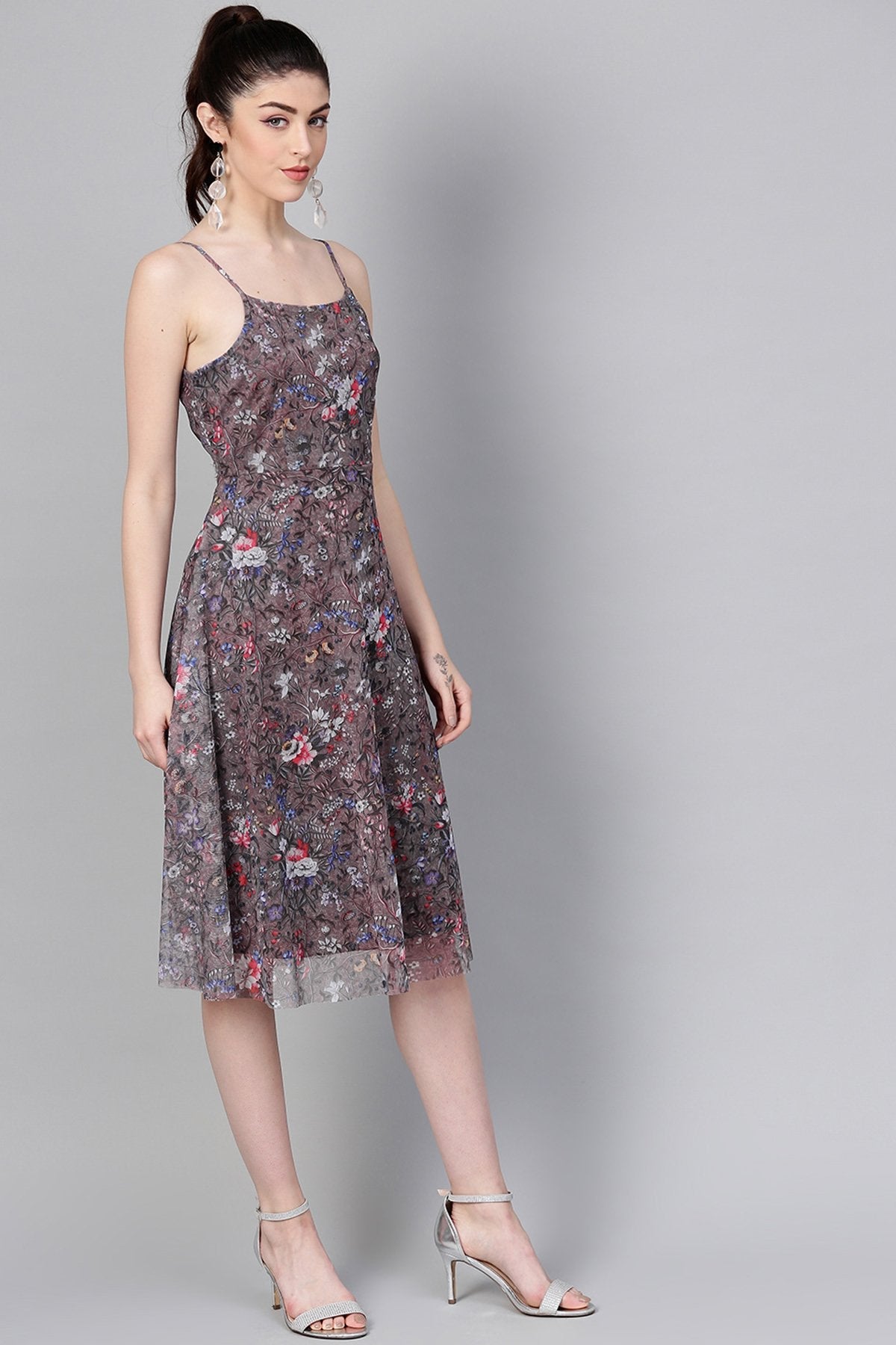 Women's Brown Mesh Floral Strappy Midi - SASSAFRAS