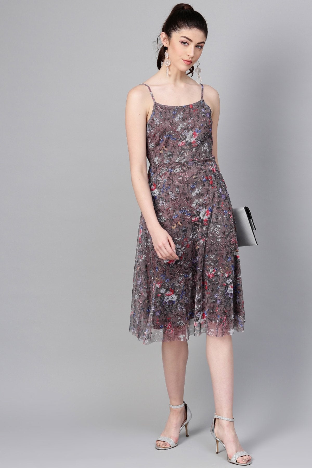 Women's Brown Mesh Floral Strappy Midi - SASSAFRAS