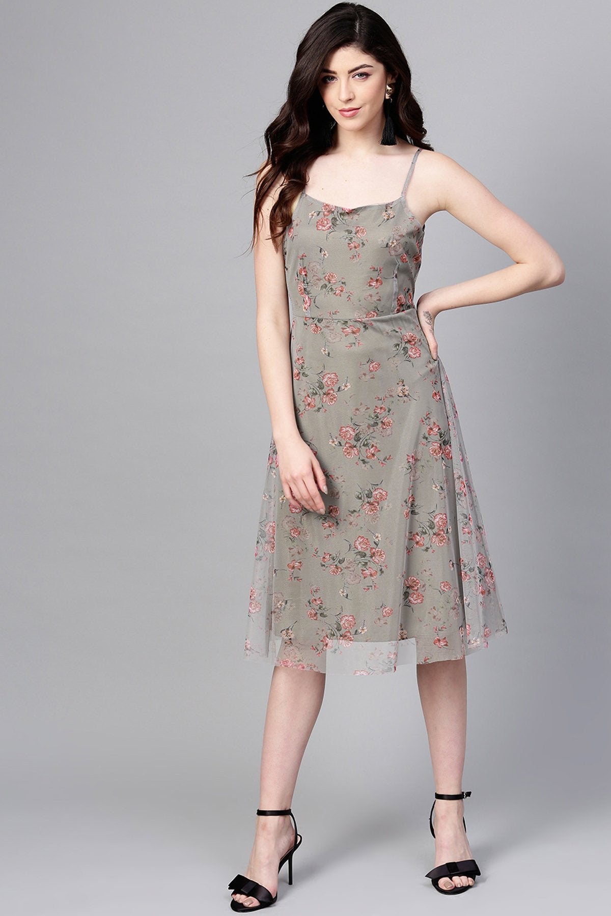 Women's Olive Mesh Floral Strappy Midi - SASSAFRAS