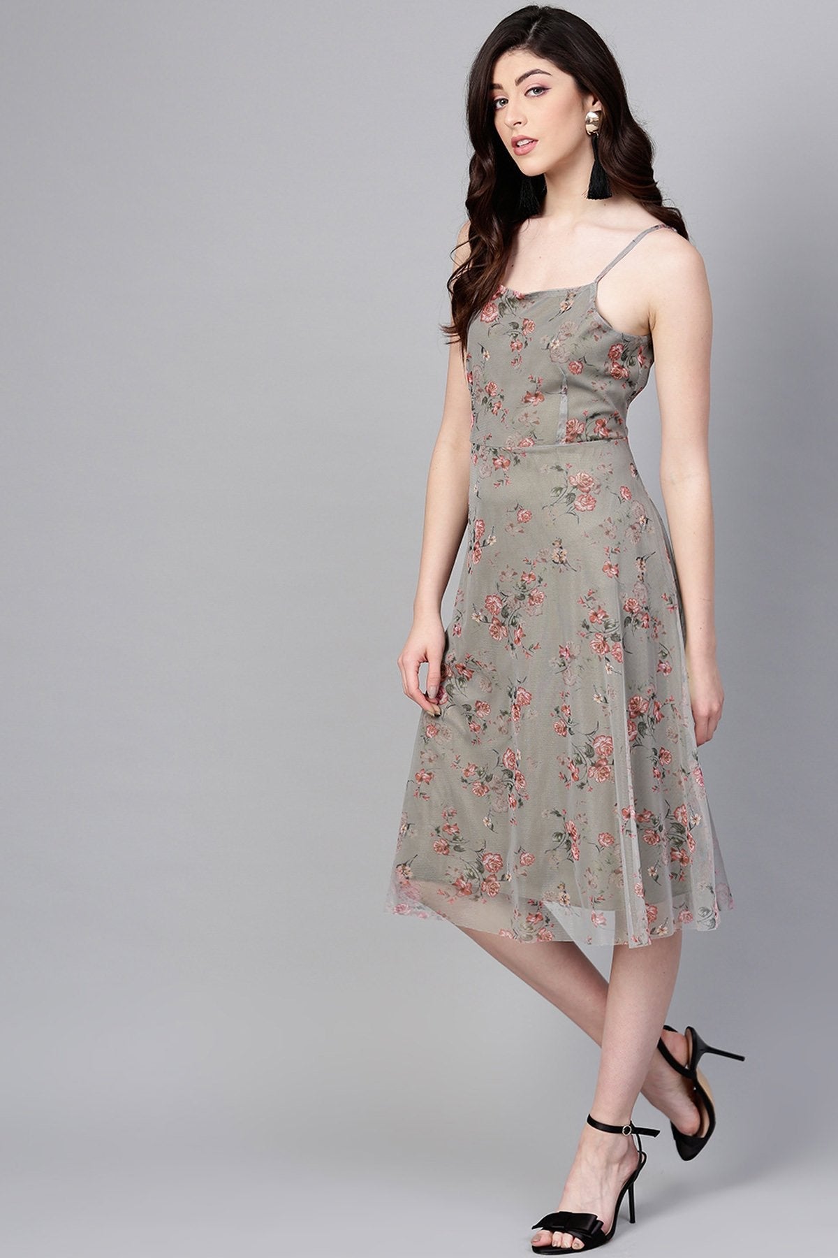 Women's Olive Mesh Floral Strappy Midi - SASSAFRAS