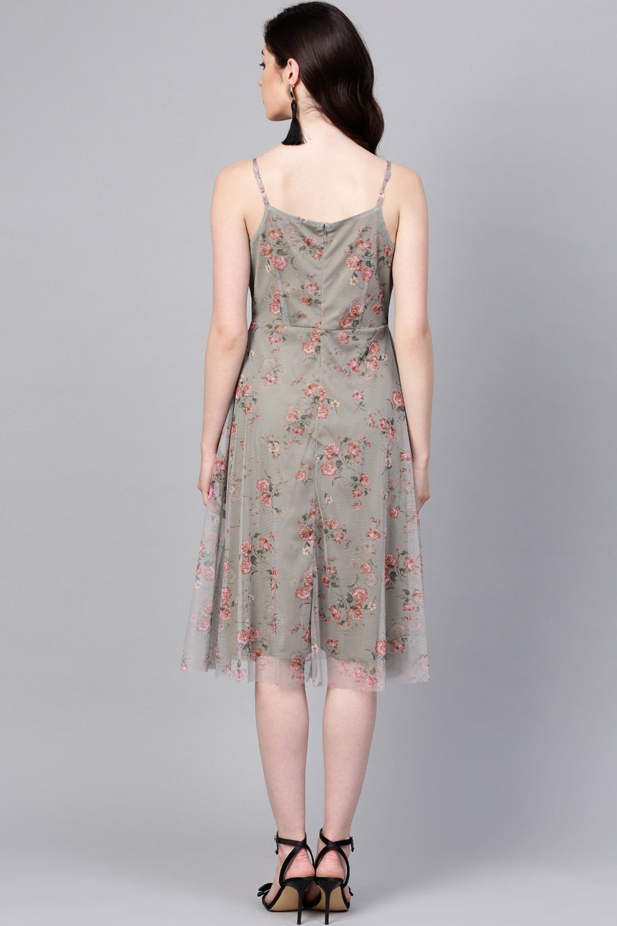 Women's Olive Mesh Floral Strappy Midi - SASSAFRAS