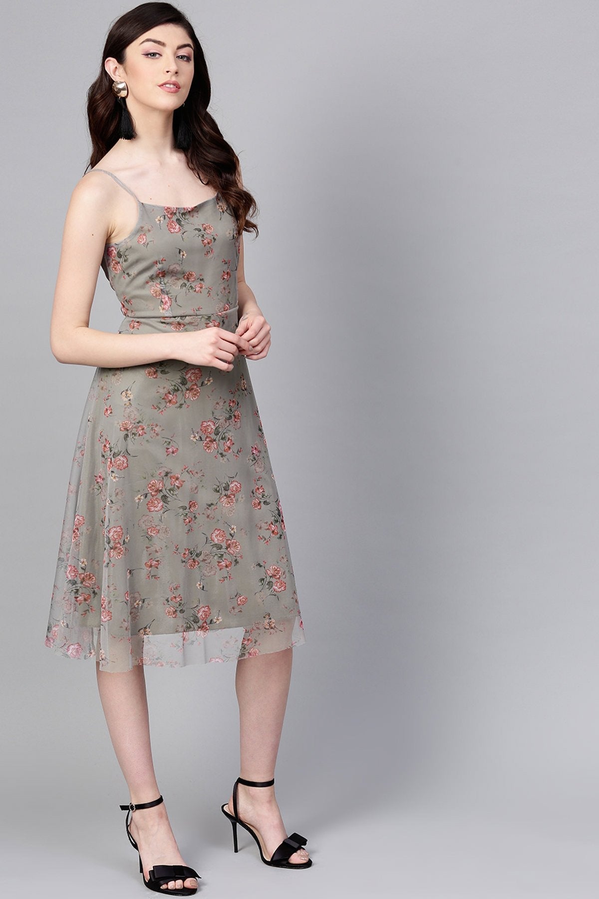 Women's Olive Mesh Floral Strappy Midi - SASSAFRAS