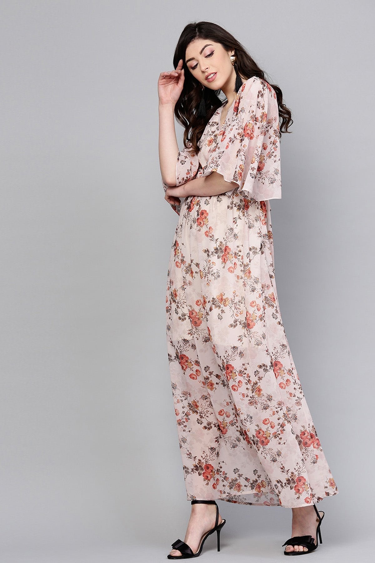 Women's Taupe Floral Cape Maxi - SASSAFRAS