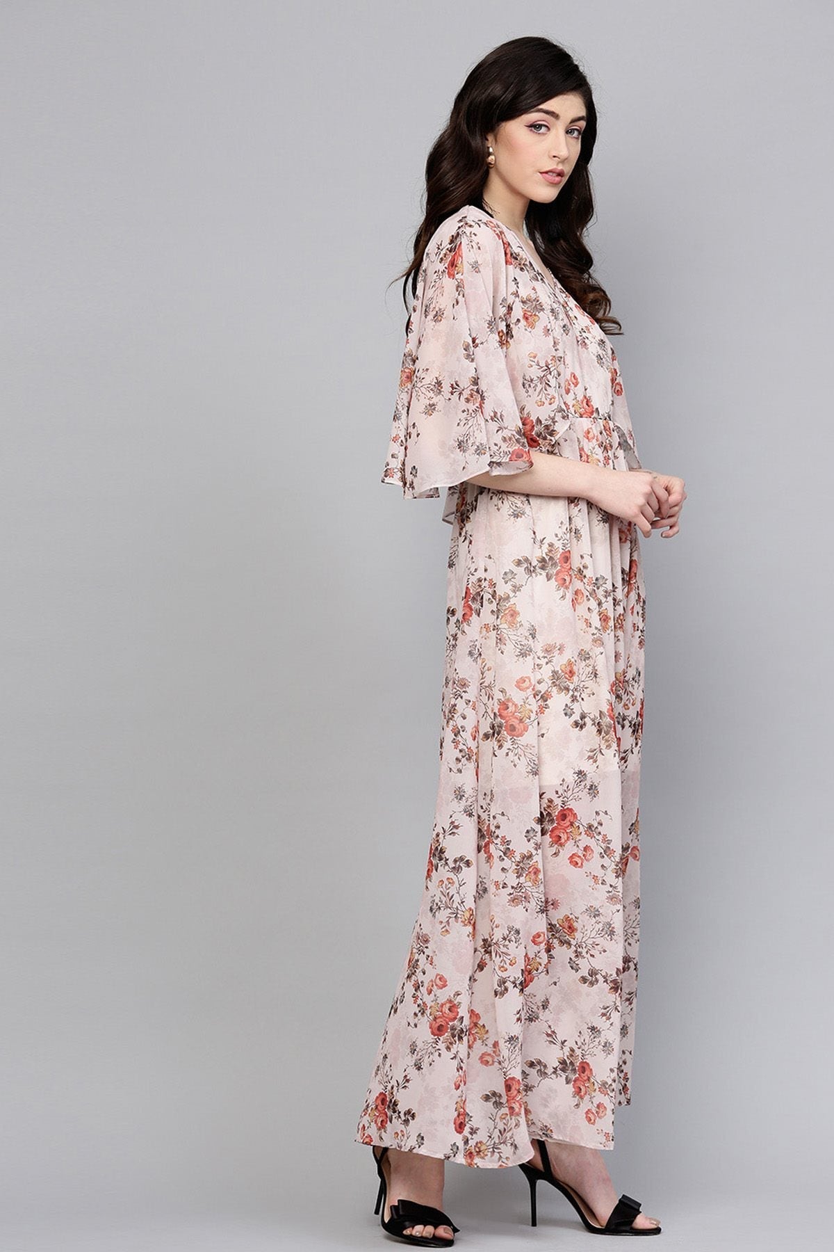 Women's Taupe Floral Cape Maxi - SASSAFRAS