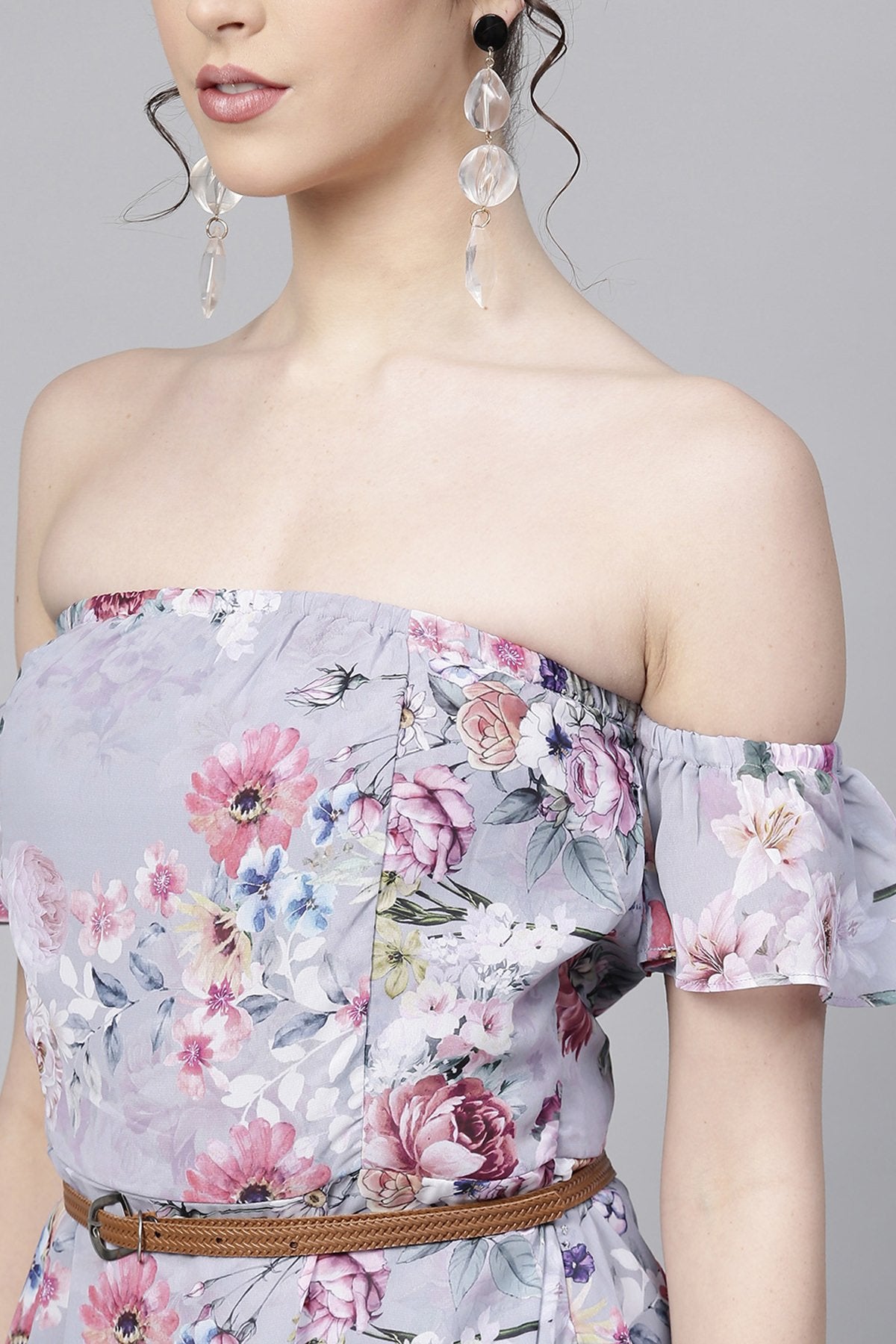 Women's Grey Floral Off Shoulder Belted Maxi - SASSAFRAS