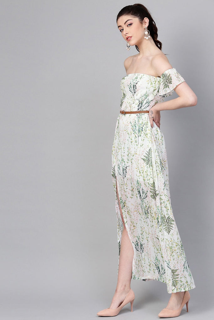Women's Off-White Floral Off Shoulder Belted Maxi
