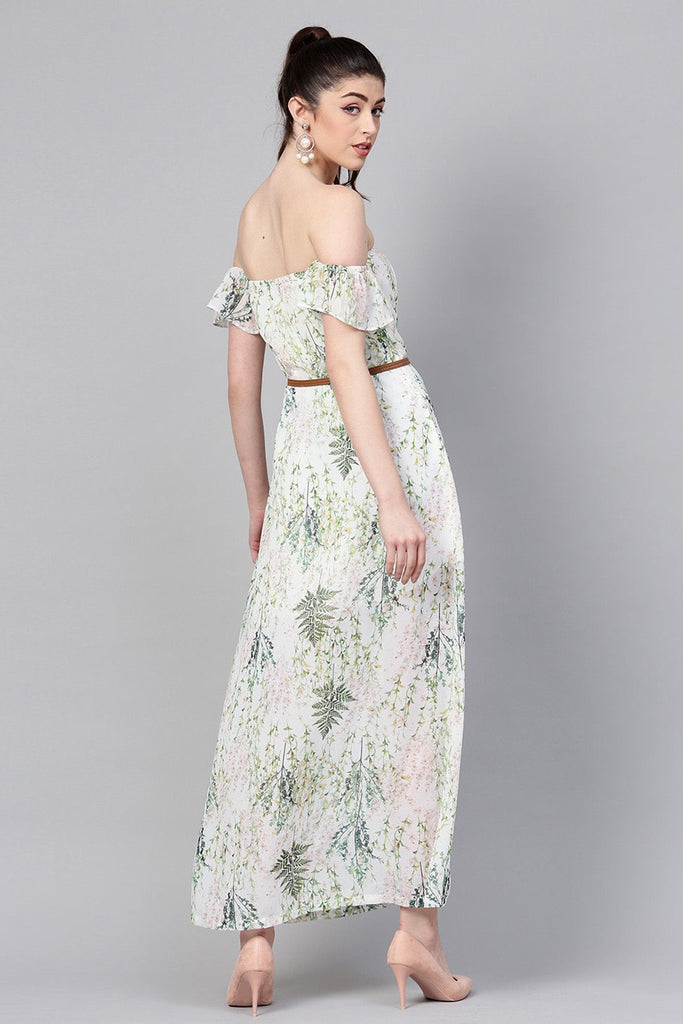 Women's Off-White Floral Off Shoulder Belted Maxi