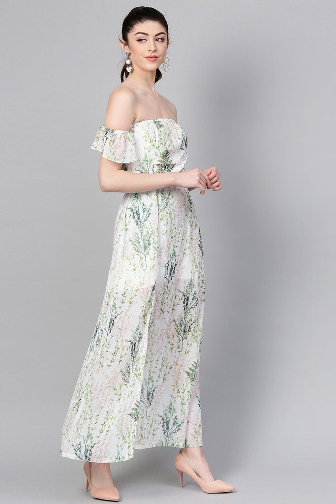 Women's Off-White Floral Off Shoulder Belted Maxi