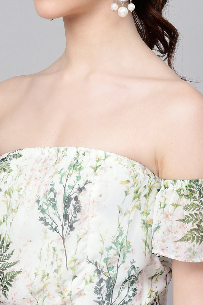Women's Off-White Floral Off Shoulder Belted Maxi
