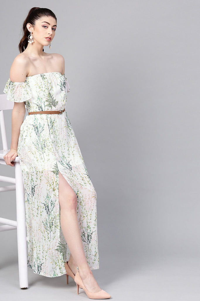 Women's Off-White Floral Off Shoulder Belted Maxi