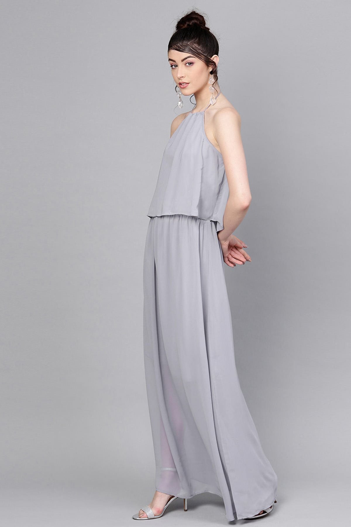 Women's Grey Halter Neck Layered Maxi - SASSAFRAS