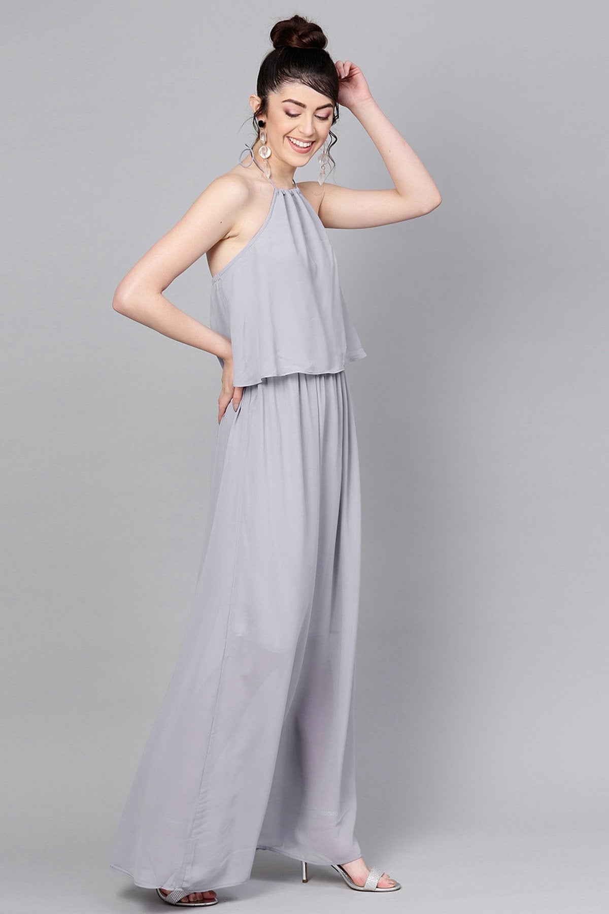 Women's Grey Halter Neck Layered Maxi - SASSAFRAS