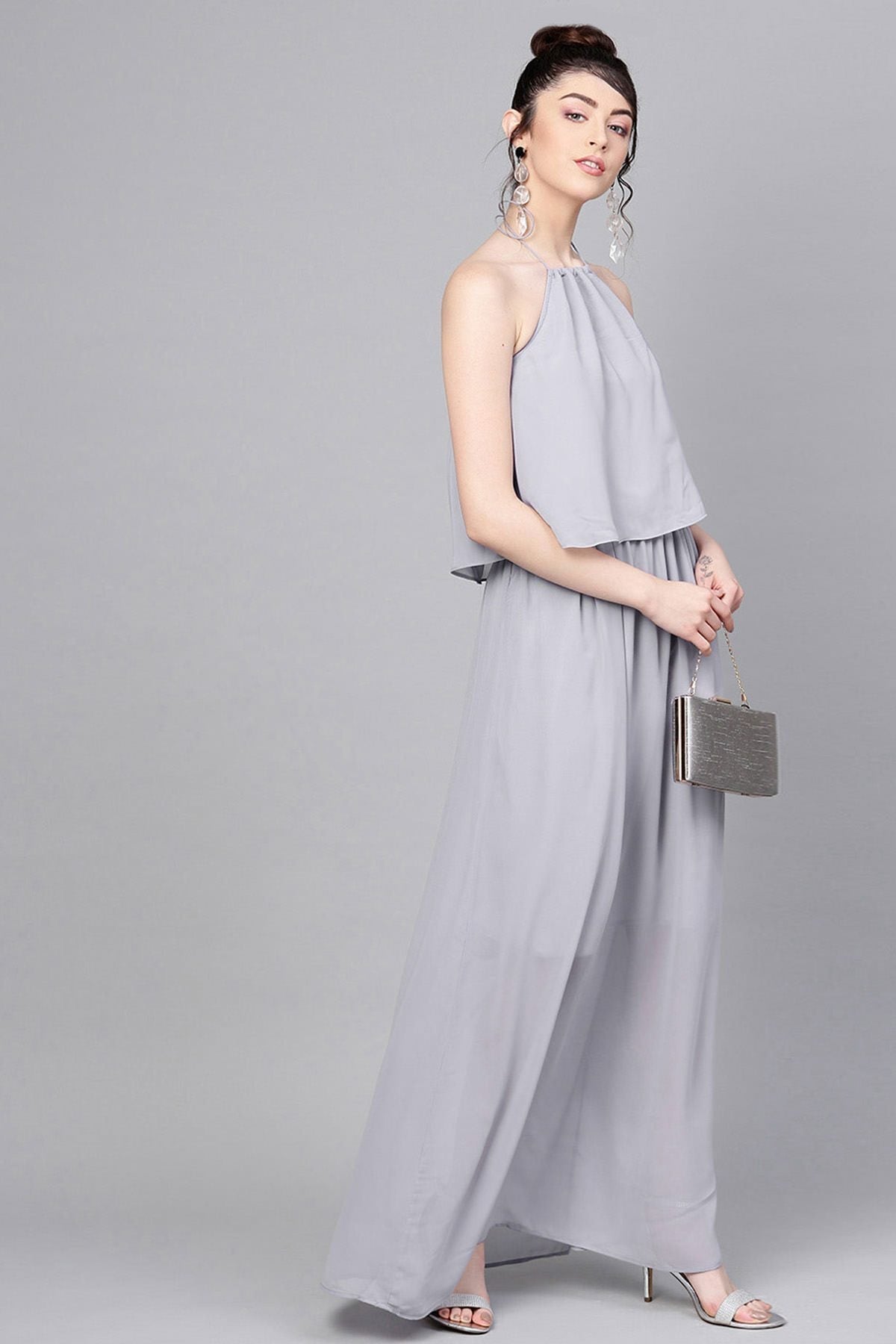 Women's Grey Halter Neck Layered Maxi - SASSAFRAS