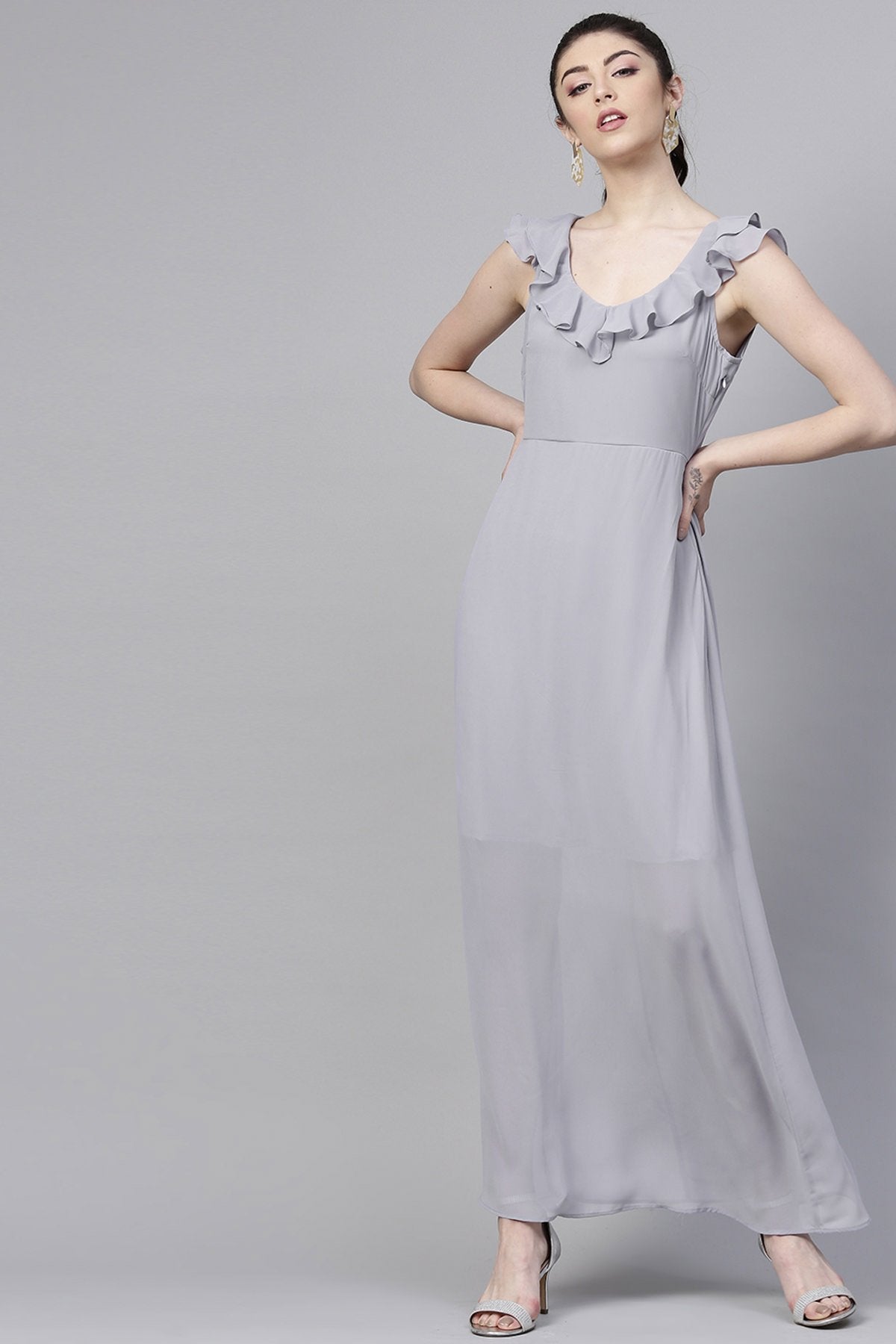 Women's Grey Frill Scoop Neck Maxi - SASSAFRAS