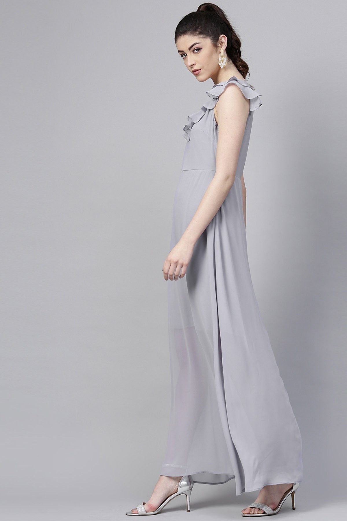 Women's Grey Frill Scoop Neck Maxi - SASSAFRAS