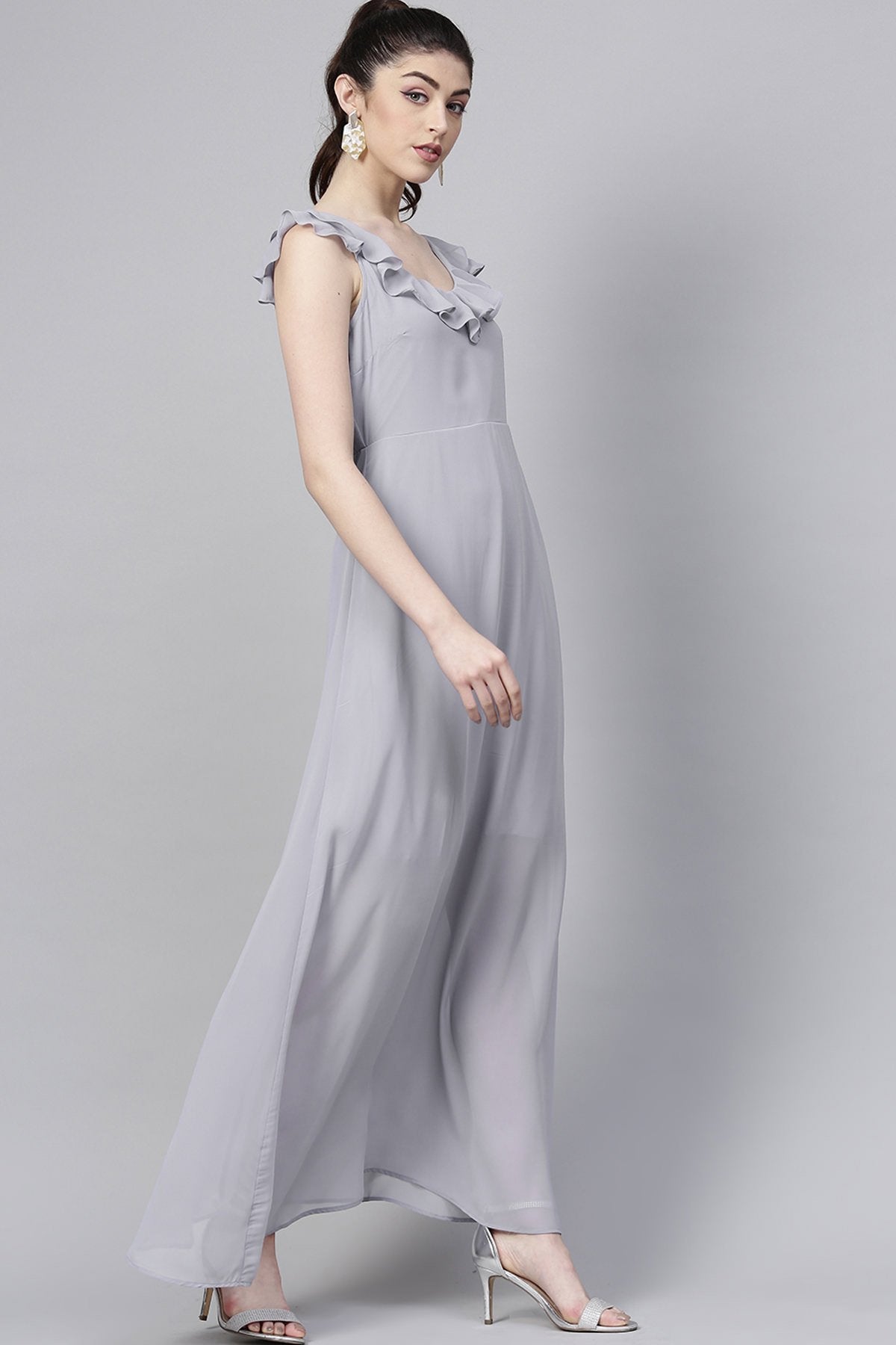 Women's Grey Frill Scoop Neck Maxi - SASSAFRAS