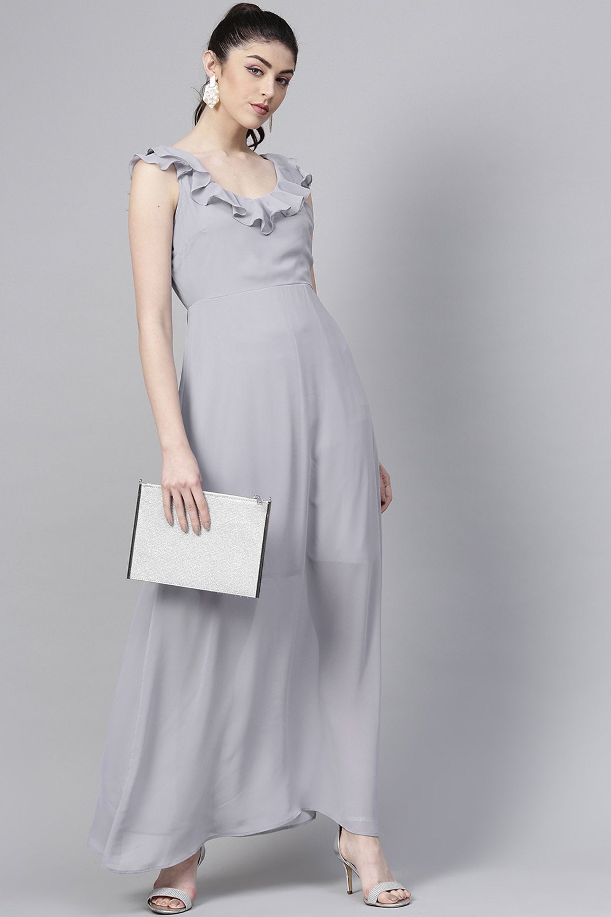 Women's Grey Frill Scoop Neck Maxi - SASSAFRAS