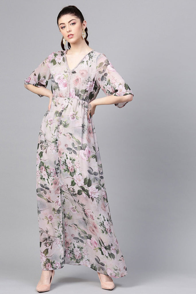 Women's Pista Green Floral V-Neck Maxi