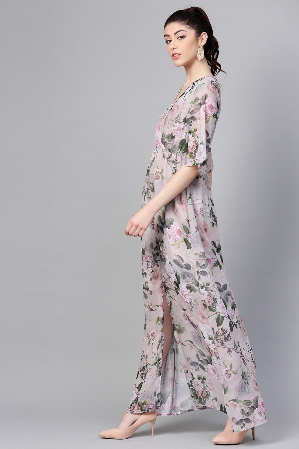 Women's Pista Green Floral V-Neck Maxi