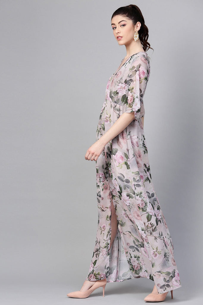 Women's Pista Green Floral V-Neck Maxi