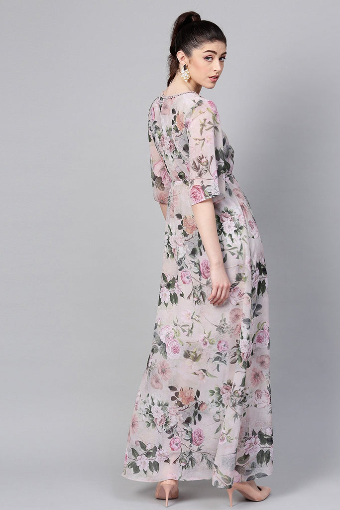 Women's Pista Green Floral V-Neck Maxi