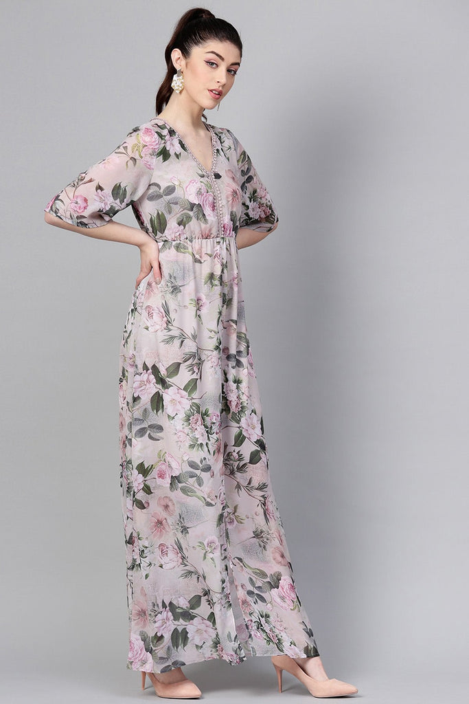 Women's Pista Green Floral V-Neck Maxi