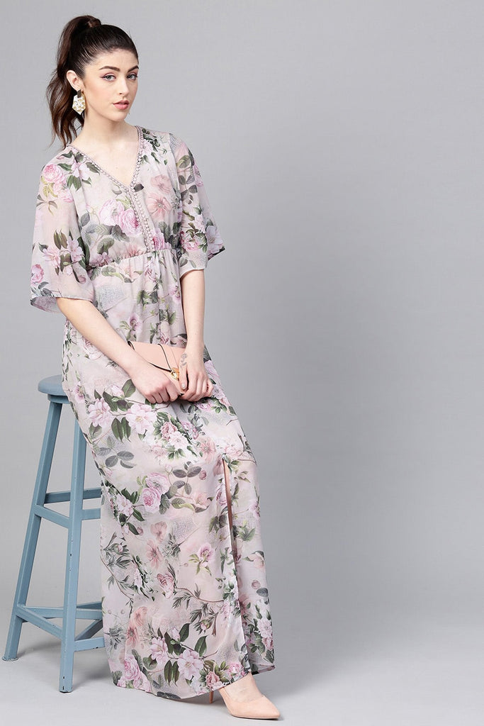 Women's Pista Green Floral V-Neck Maxi