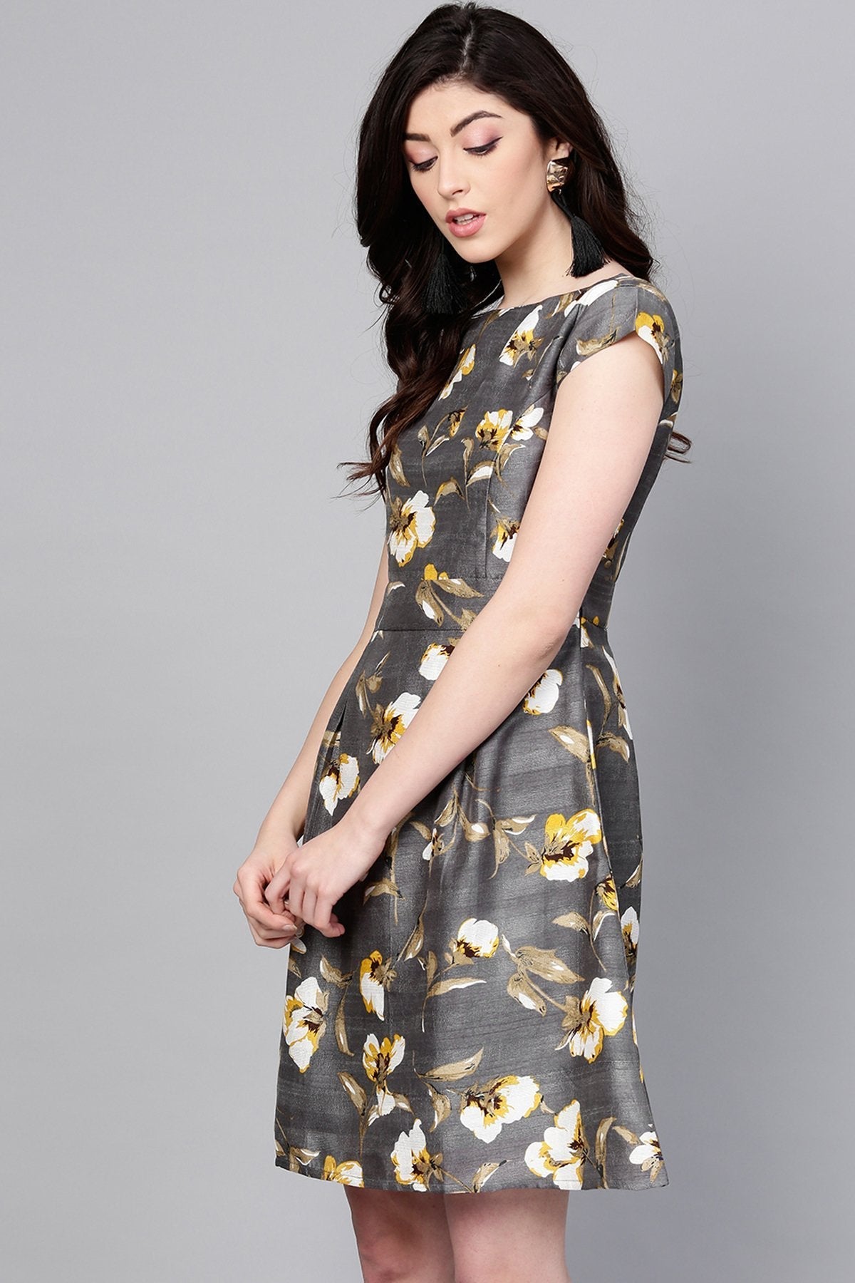 Women's Grey Floral Silk A-Line Dress - SASSAFRAS