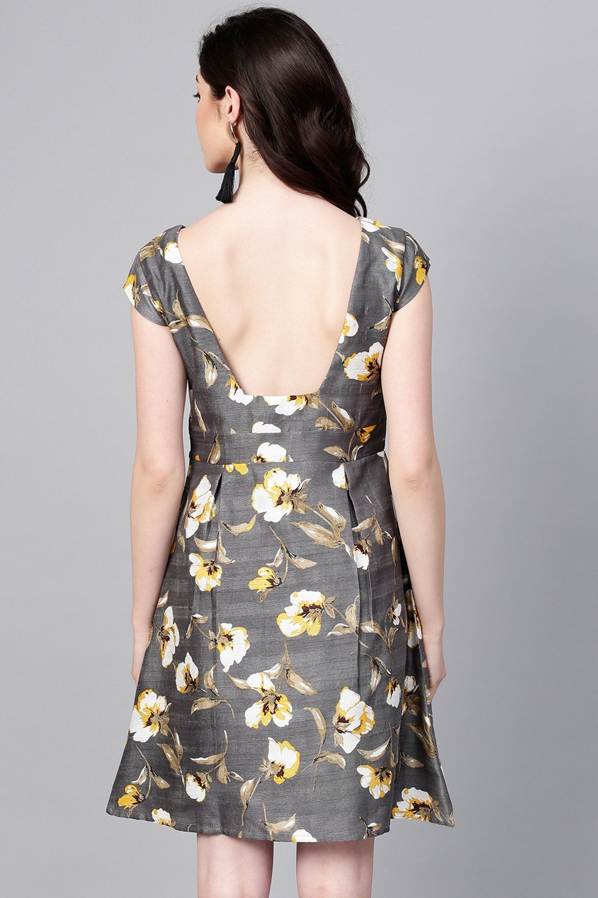 Women's Grey Floral Silk A-Line Dress - SASSAFRAS