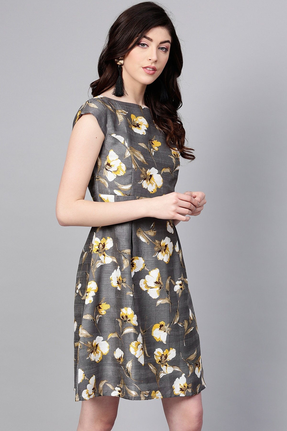 Women's Grey Floral Silk A-Line Dress - SASSAFRAS