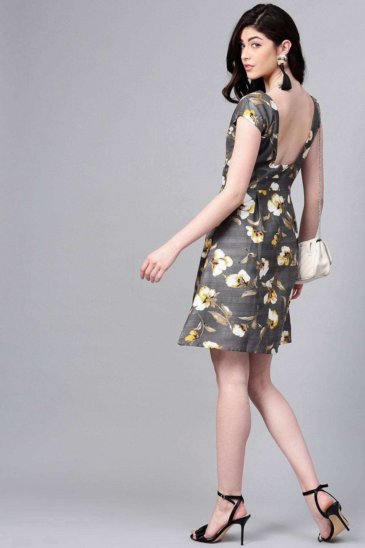 Women's Grey Floral Silk A-Line Dress - SASSAFRAS