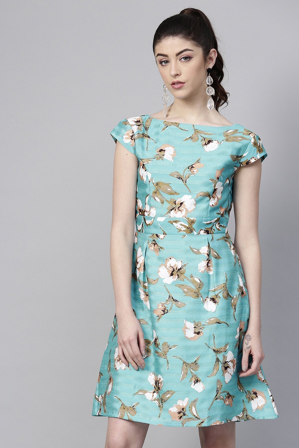 Women's Aqua Floral Silk A-Line Dress - SASSAFRAS