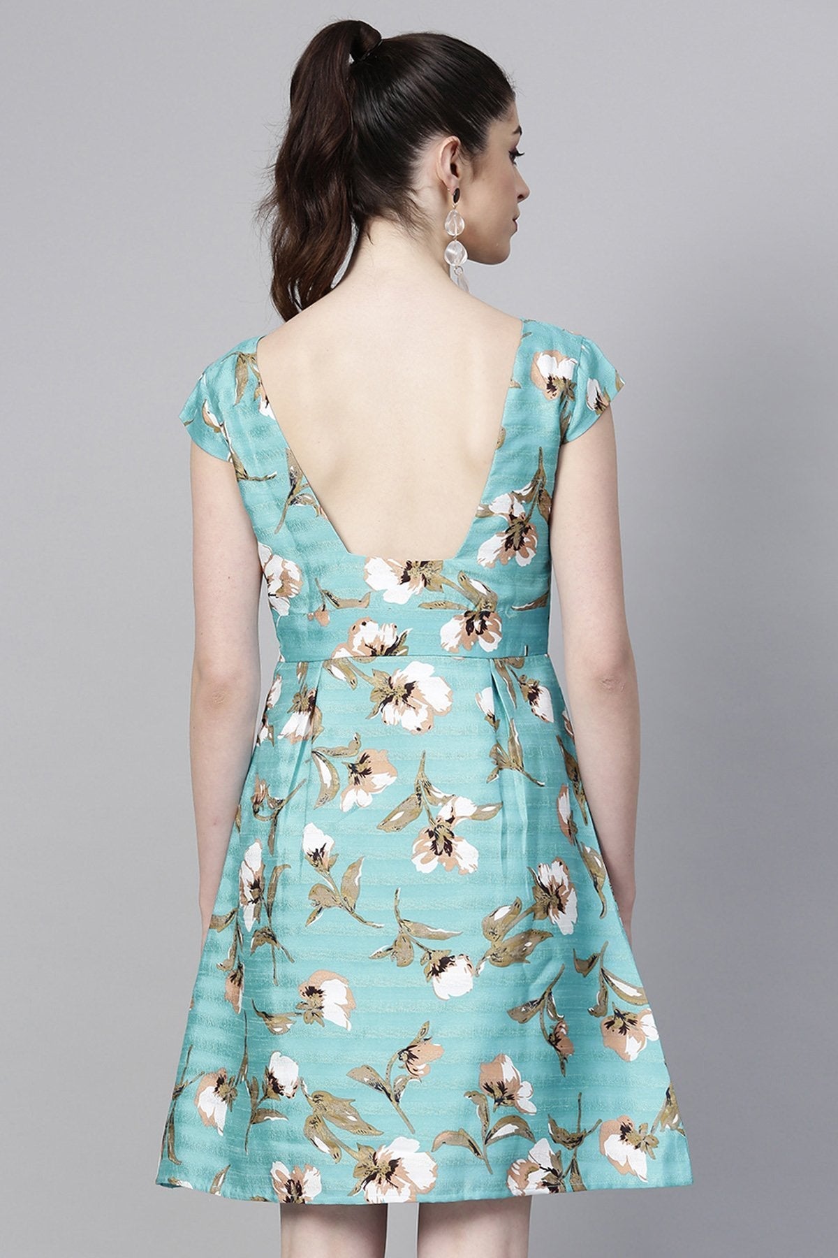 Women's Aqua Floral Silk A-Line Dress - SASSAFRAS